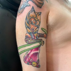5 Multi Color Inked Ahsoka Fight with Her Magical Sword Tattoo on Half Arm