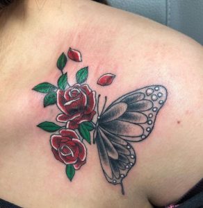 5 Realistic Color Inked Best Rose with Butterfly Small Cover Up Tattoo on Chest