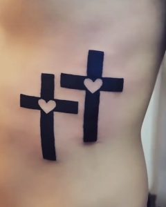 5 Solid Black Design Double Heart with Double Cross Tattoo on Rib