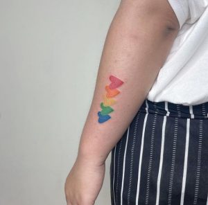 51 Lovely Love Shapes Rainbow Color Tattoo on Forearm
