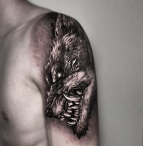6 Angry Fenrir Face Tattoos on Half Arm