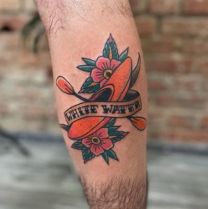 6 Beautiful Red Color Floral Kayak Tattoo Behind the Leg