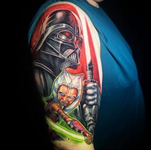 6 Incredible Relistic Color Inked Ahsoka Fight Look with Her Magical Sword Tattoo on Half Arm