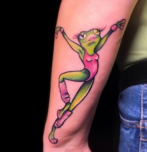 6 Legendery Adorable Green Pink Ink Dancing Sexy Cartoon Frog Tattoo on Sleeve