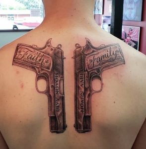 6 Realistic Color Inked Double 1911 Pistol Tattoo on Half Back