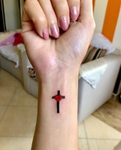 6 Solid Black Red Design Tiny Heart with Cross Tattoo on Next to Wrist Hand