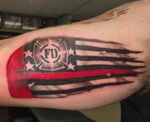 Red & gray color Fire Department flag design Tattoo on arm