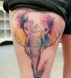 67 Rainbow Color Elephent Tattoo on Thigh