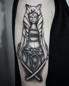 7 Amazing Ahsoka Angry Look with Her Magical Sword Tattoo on Half Sleeve