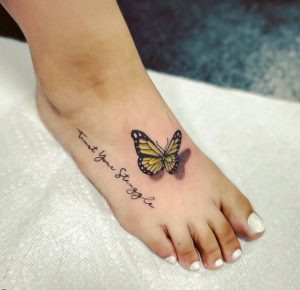 7 Black Inked Butterflies with Quote Tattoo for Girl on Foot