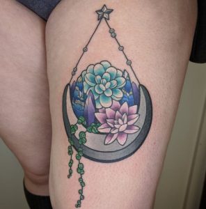 Floral Planet Crystal Tattoo on Thigh
