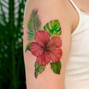 Floral Tattoos with Green Leaf on Arm