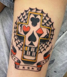 7 Stunning Black Red Design Heart and Playing Card Symble in Cross Tattoo Next to Wrist Hand