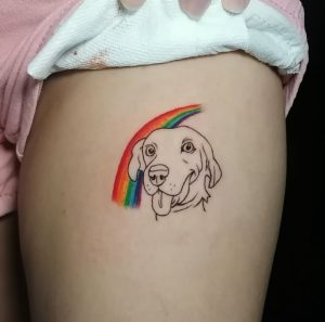71 Rainbow Tattoo with Cute Dog on Thigh