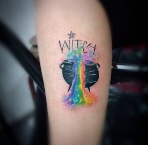 77 Rainbow Color Witch Water Tattoo on Hand
