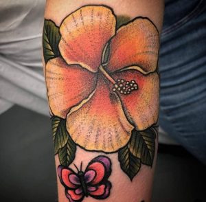 8 Amazing Orange Color Hibiscus Floral Tattoos with Multicolor Butterfly on Hand