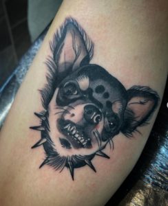 8 Fine Black Ink Work Angry Chihuahua Tattoo on Arm