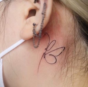 8 Fine Black Line Ink Butterflies Tattoo for pretty Woman on Behind the Ear