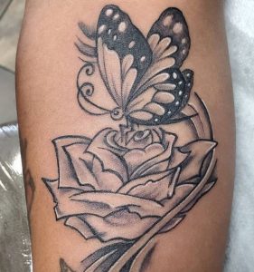 8 Lovely Black Gray Rose with Butterfly Tattoo Piece on Hand