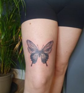 8 Special Black Ink Faminin Butterfly Tattoo on Front Thigh