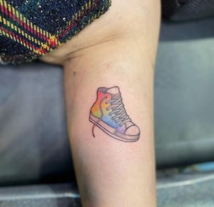 84 Rainbow Shoe Tattoo on Leg