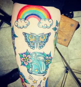 87 Rainbow solid Ink Tattoo with Butterfly Floral Car on Full Leg