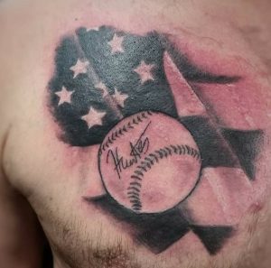 9 Amazing Black Ink Baseball with Flag Tattoo on Chest