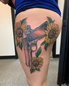 9 Amazing Realistic Color Inked 1911 Pistol with Sunflower Tattoo on Thigh