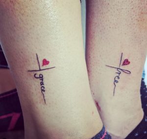 9 Balck Red Fine Inked Line Tiny Heart with Cross Style Name Creative Tattoo on Both Ankles