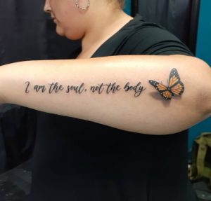 9 Beautiful Black Inked Butterflies with Writing Quote Tattoo for Fat Girls on Sleeve