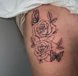 9 Fantastic Black Line Ink Rose with Butterfly Tattoo on Rib