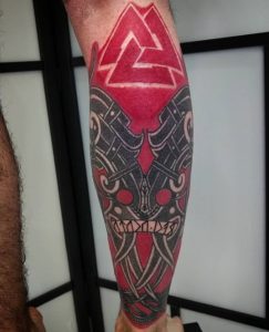 9 Fantastic Black Red color Slavic Tattoo on Half Leg