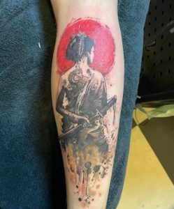 9 Japanese Lady Samurai Tattoo art on Full Lower leg