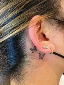 9 Lovely Black Ink Tiny Butterflies Tattoo for Cute Angel on Behind the Ear