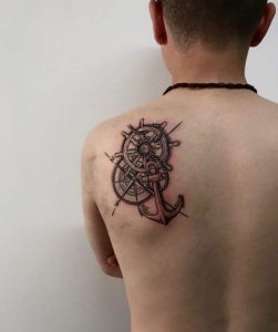 Balck Inked Anchor & Compass Tattoos on Back Shoulder