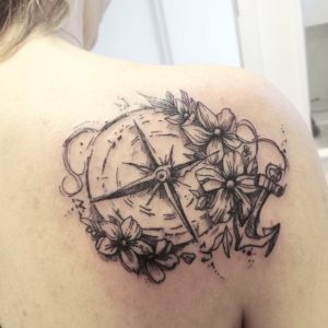 Anchor & Compass Tattoos for Female on Back Shoulder