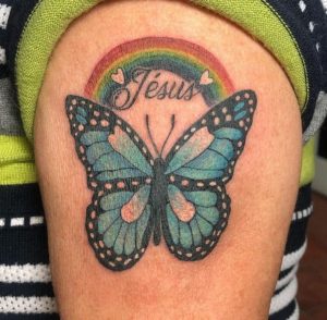 92 Cute Rainbow with Butterfly Tattoo on Arm