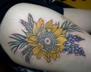 Bluebonnet And Sunflower Tattoo Thigh
