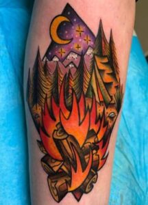 Campfire and pine tree tattoo