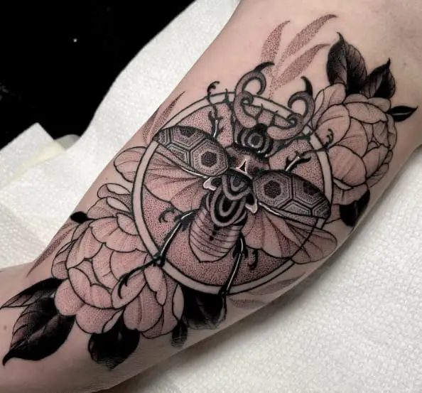 Beetle Floral Hand Tattoo