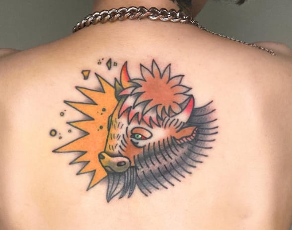 Bison Colorful Back Tattoo
