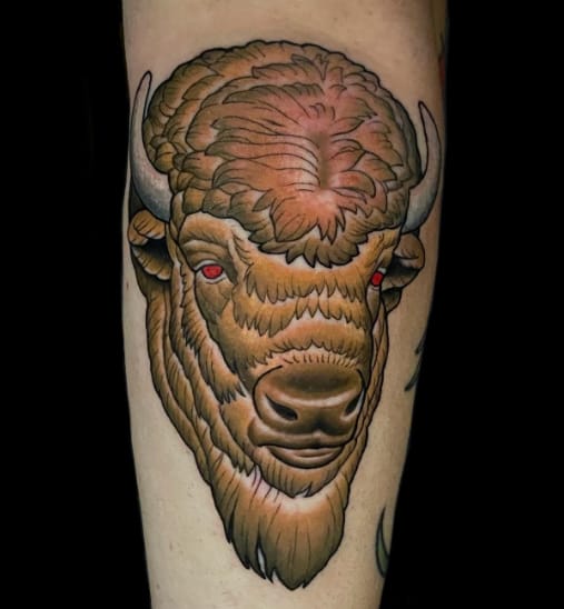 Bison Colorful Hand Tattoo