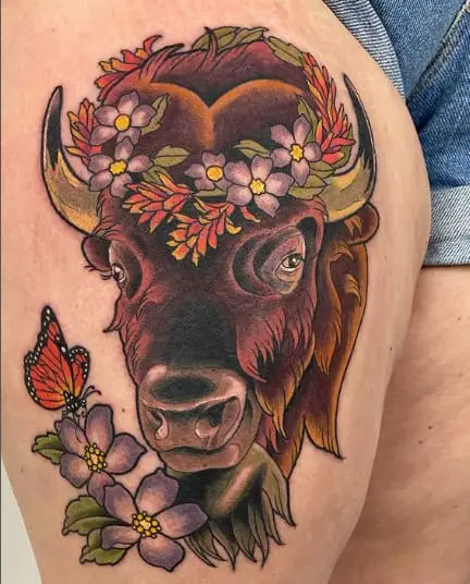 Bison Colorful Leg Tattoo