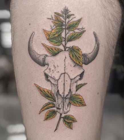 Bison Skull Colorful Leg Tattoo