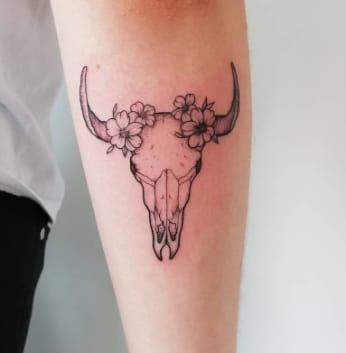 Bison Skull Hand Floral Tattoo