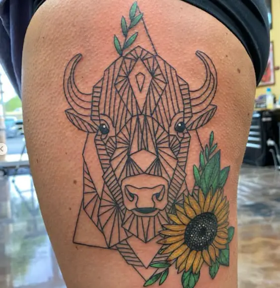 Bison Sunflower Leg Tattoo