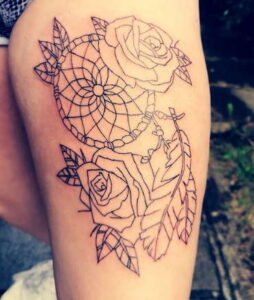 Black Ink Ring Rose Dreamcatcher Tattoo