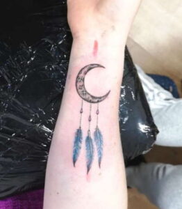 Colorful Tri-feather Moon Dreamcatcher Tattoo