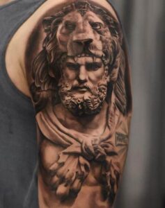Grey Hercules With Lion Tattoo