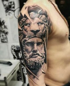 Realistic Hercules With Lion Tattoo